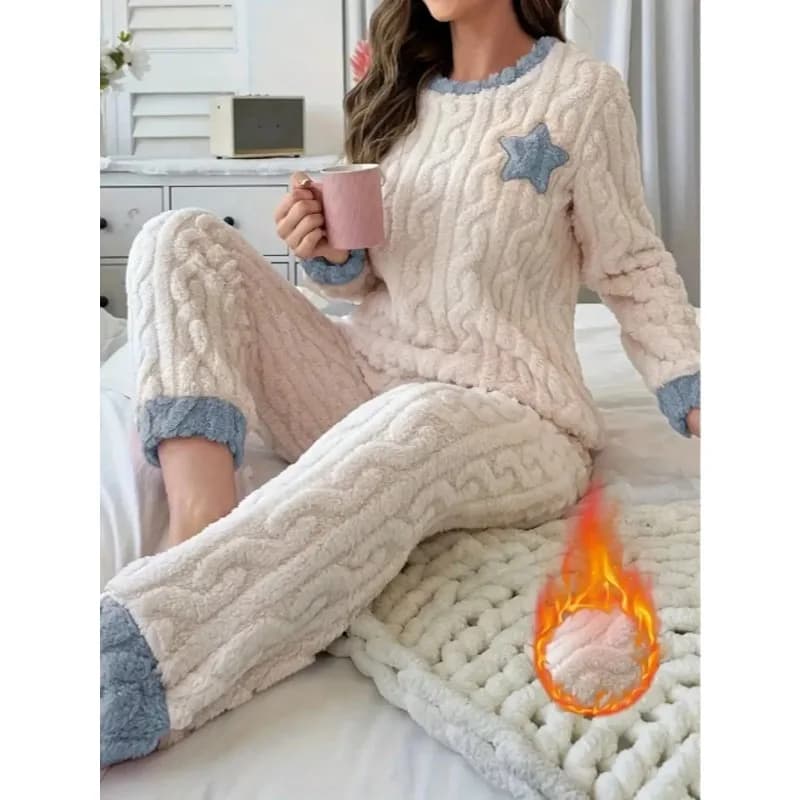 Women Star Embroidery Pajamas Set Contrast Cuff Long Sleeve Top Cuffed Pants Cute Daily Home Loungewear Sleepwear