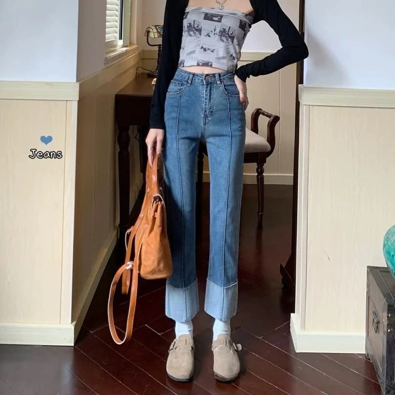 Retro Blue Straight Leg Jeans Women's Spring Autumn High Waist Loose Wide Leg Long Pants Floor-Length Trousers