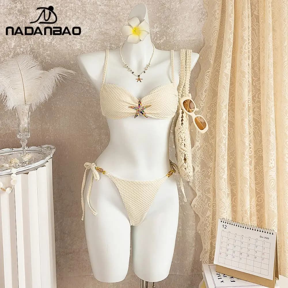 Nadanbao Sexy Bikini Stile Vintage a Stella Marina, Costume da Bagno All'apricot con Lacci per Donna, Vita Media, Casual, per Vacanze e Spiaggia
