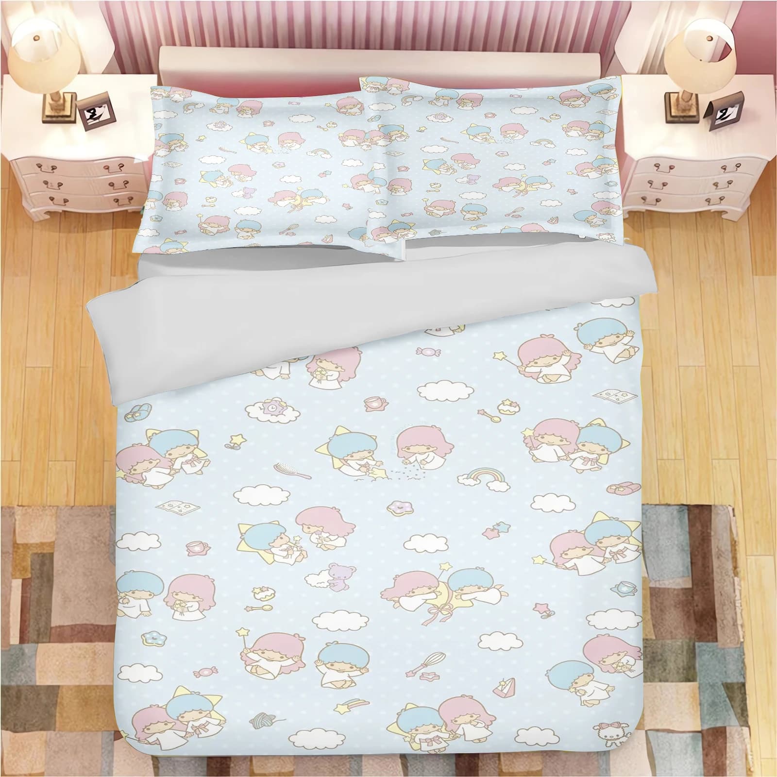 Set Copripiumino per Bambini Little Twin Stars, 2/3 Pezzi, Cartone Animato, Morbido e Traspirante in Poliestere, Biancheria da Letto Animata