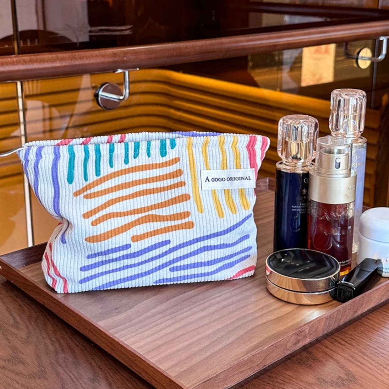Borsa Cosmetica in Velluto a Coste a Righe Colorate, Portatile da Viaggio, per Articoli da Toeletta, Prodotti Skincare e Oggetti Vari, Borsa Estetica per il Trucco