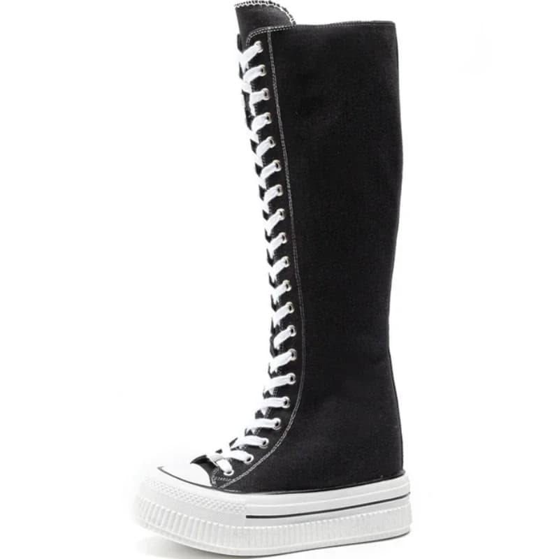 Stivali da 13 cm Scarpe da ginnastica da donna Scarpe alte casual in tela Stivale lungo Cerniera con lacci Comode scarpe da ginnastica piatte Tenis Feminino