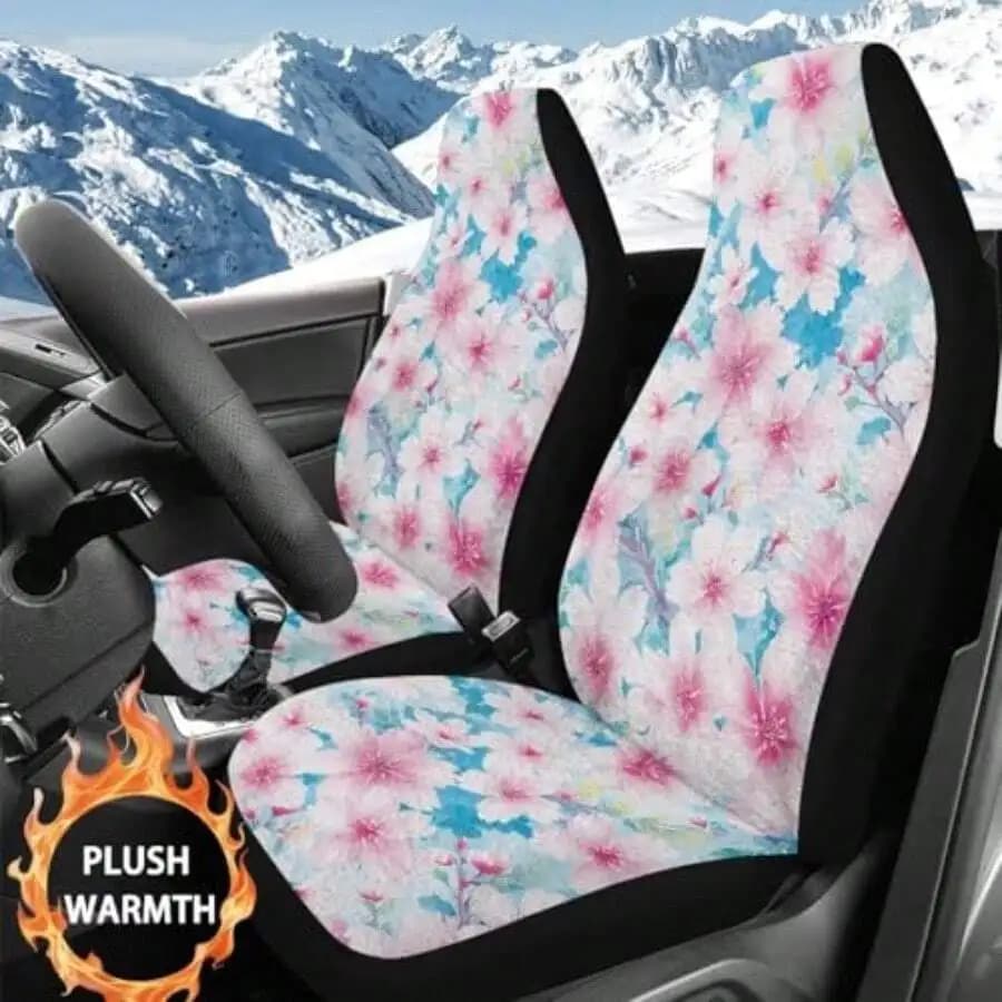 Cherry Blossom Print Car Seat Covers Front 2 Piece Soft Plush Warm For SUV Sedan Truck