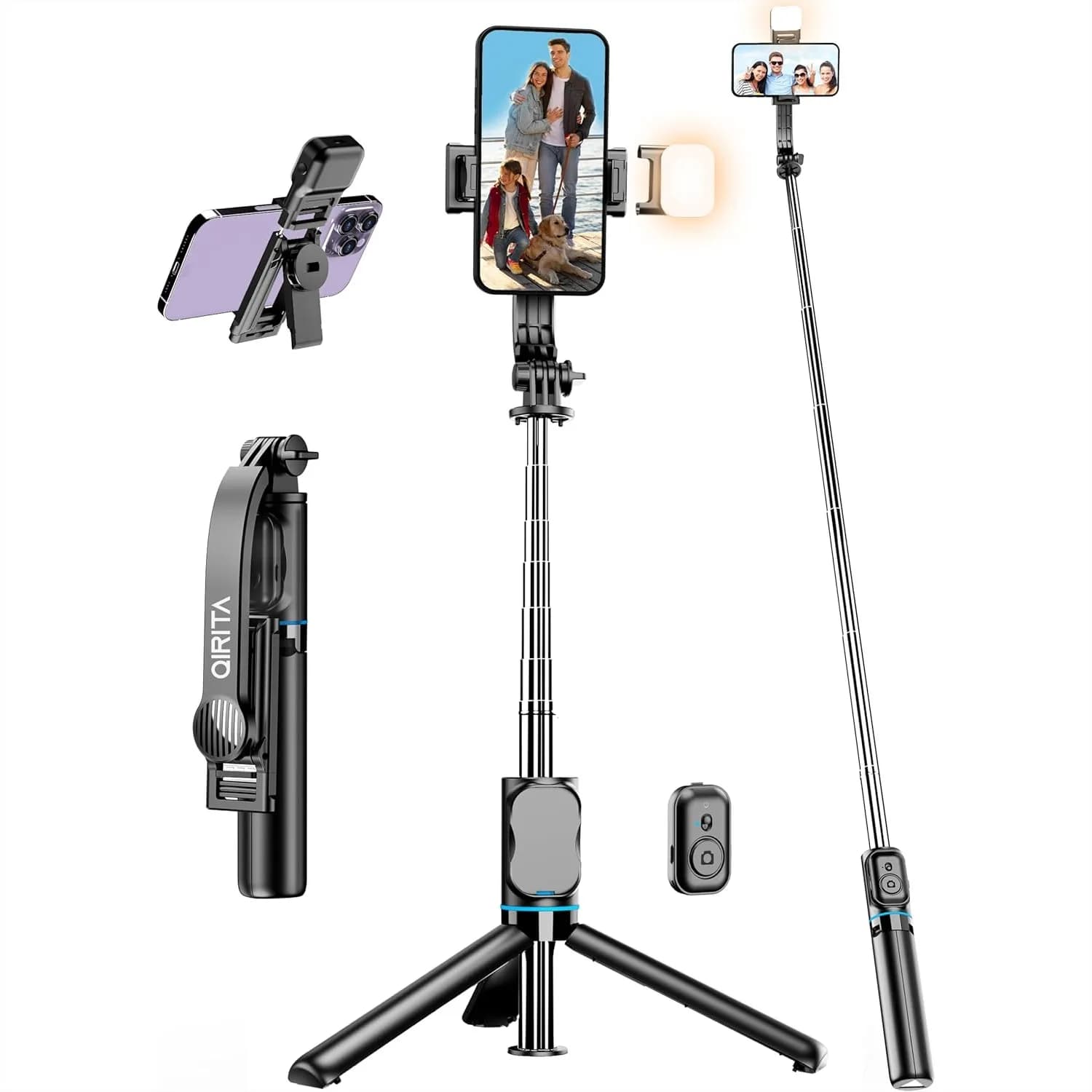 Treppiede per selfie da 42 pollici con luce di riempimento, supporto per telefono estensibile tutto in uno, telecomando rimovibile e supporto per telefono per iPhone/Android