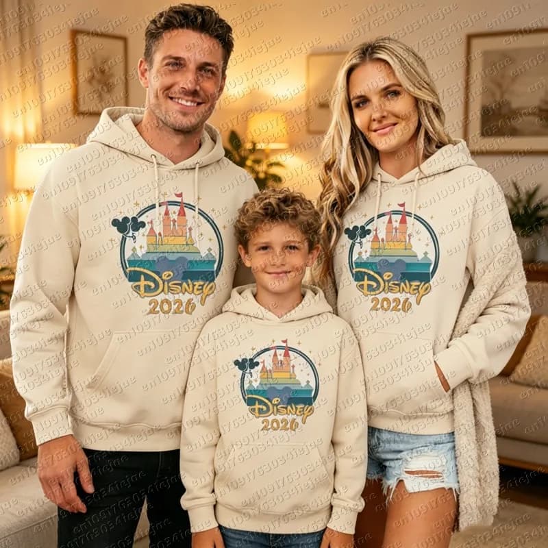 Felpa con Cappuccio Stampata Mickey Family Trip Autunno/Inverno 2026, Moda Genitore-Figlio, Calda in Cotone, Casual Unisex