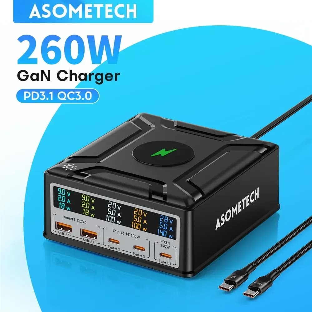Caricabatterie GaN da 260 W Tipo C PD3.1 Caricabatterie rapido per MacBook Tablet PPS Quick Charge 3.0 per IPhone 14 13 Caricatore per telefono Xiaomi Samsung