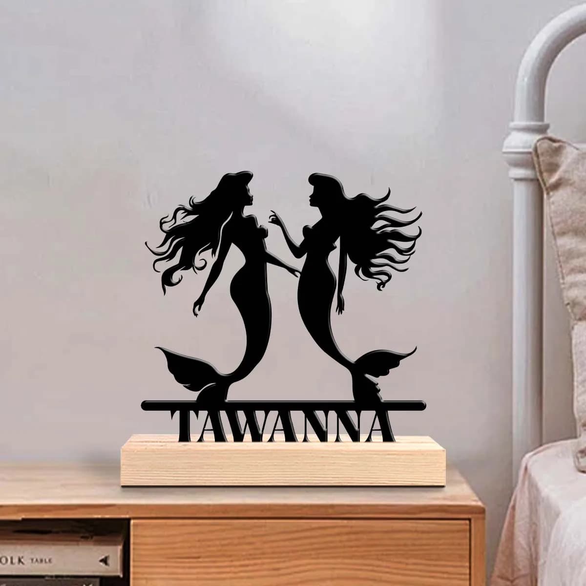 1pc Customized Minimalist Metal Ornaments Customizable Name With Wooden Base Art Decoration, Desktop Decoration