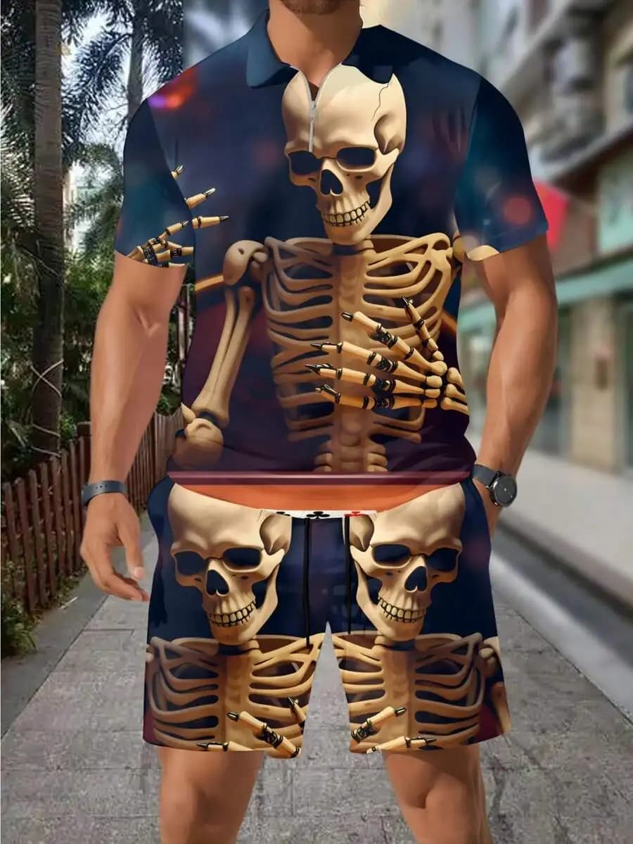 3D Skull Skeleton Bullet Print Zipper Polo Shirt Casual Shorts Set Men's Fashion Summer Beach Vacation Casual Sporty Outfit