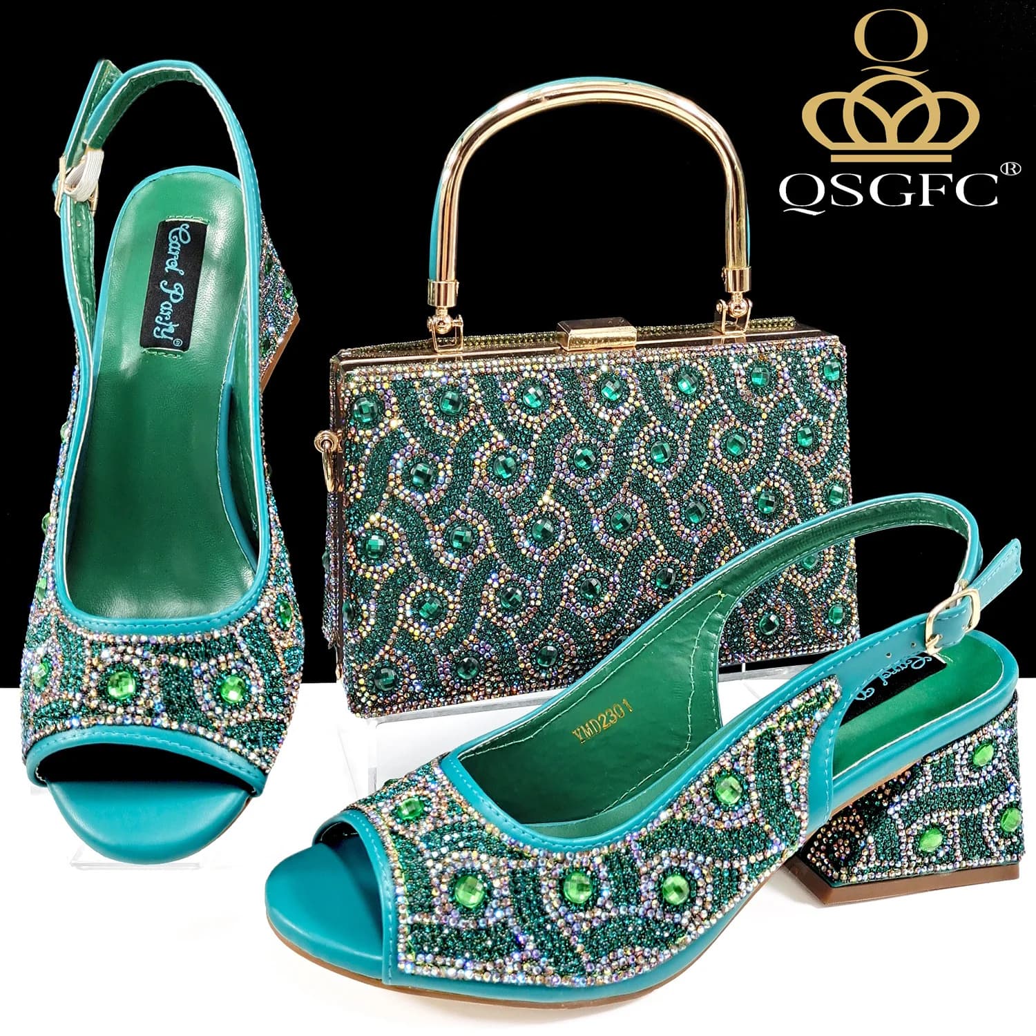 QSGFC 2026 Rhinestone Design INS Hot Sale New Arrivals African Shoes and Bag Set in Green Color Open Toe Comfortable Women Heels
