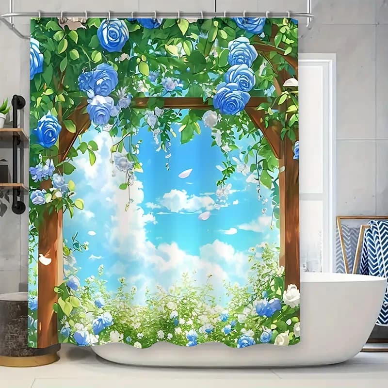 Elegante tenda da doccia da giardino con rose blu che trasforma il tuo bagno in un ritiro naturale sereno Impermeabile Durevole Facile da pulire
