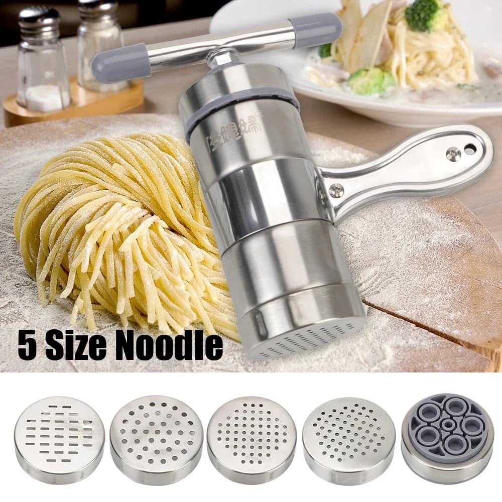 Macchina per Pasta Manuale Multifunzione in Acciaio Inossidabile con 5 Stampi per Spaghetti, Spremiagrumi e Macchina per Noodle
