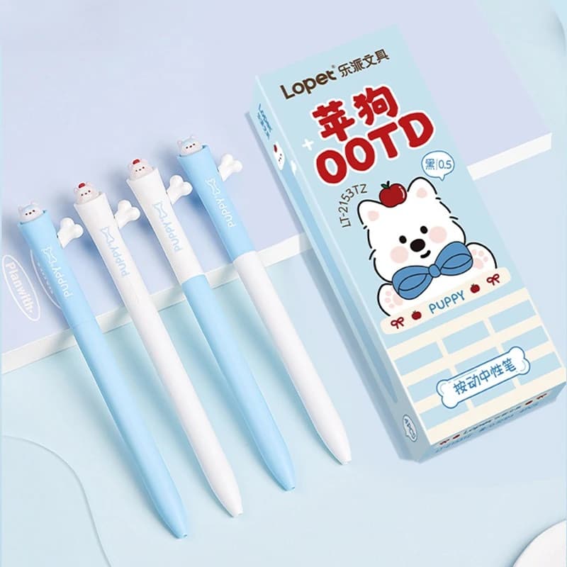 Penna Nera Kawai Stationery Apple Dog OOTD con Inscrizione a Pennello, a Pressione Laterale, con Meccanismo a Pressione Standard Nazionale, per Firma ST, Design Cucciolo Carino e Morbido