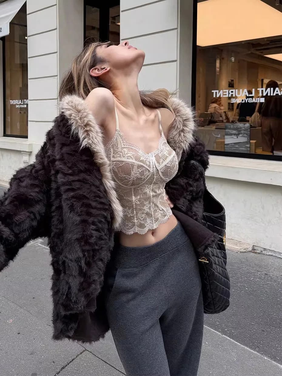 Canotta Intima da Donna in Pizzo Stile Francese con Motivo a Lisca di Pesce, Calda per Autunno Inverno, Stile Seducente, Maglia Base, Abbigliamento Intimo