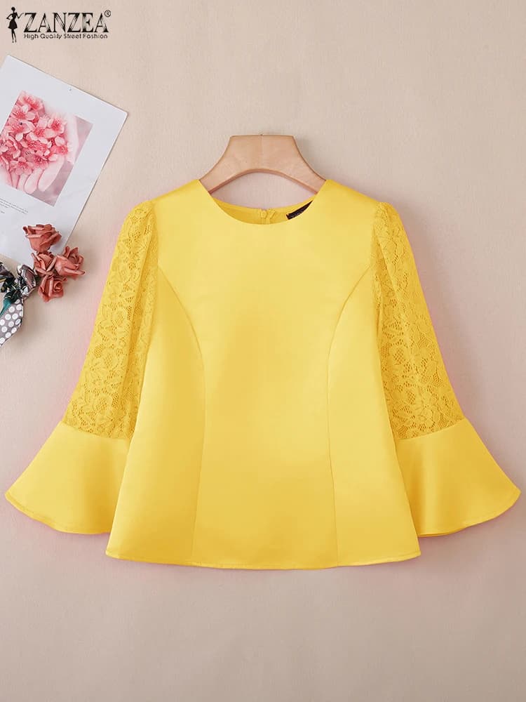 ZANZEA Elegant Work Shirt with Maid Sleeves Office Shirt Stylish Women's Patchwork Lace Top Slim Fit Blusas Tunica Femme