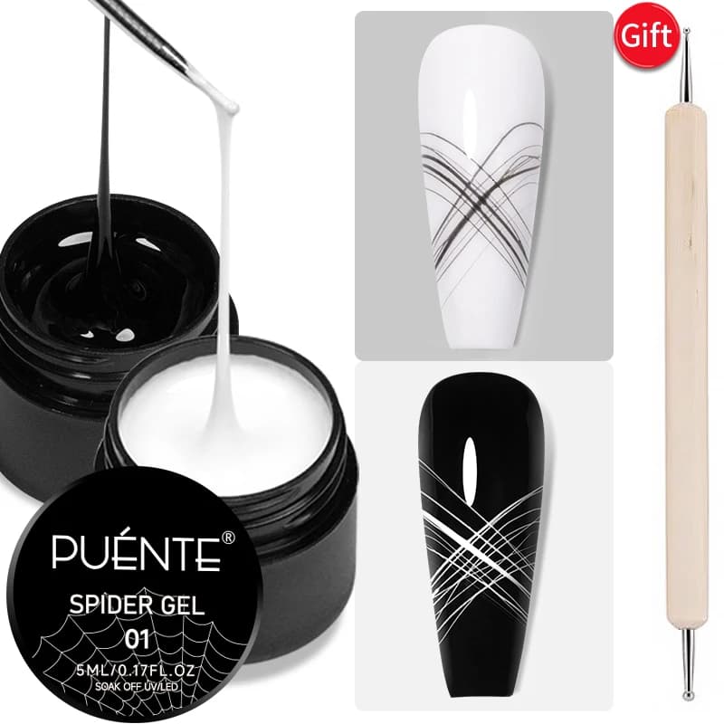 PUENTE 3 pz/set Nero Bianco Colore Disegno Tirare Filo Smalto Gel Con Penna Punteggiatura Soak Off UV/LED Nail Spider Gel Per Manicure