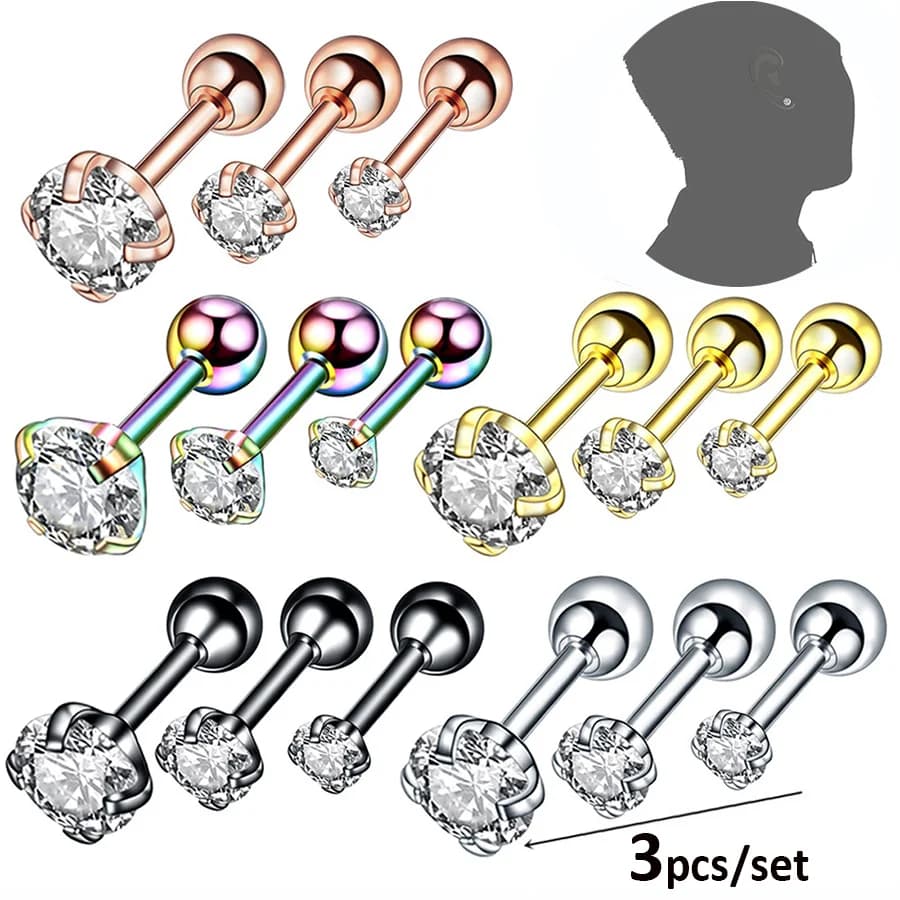 3pc/set Semplice cubico zirconia Tragus Bar CZ Cartilagine Stud Orecchini in acciaio inossidabile Lobo vite indietro orecchio Piercing gioielli 3/4/5mm
