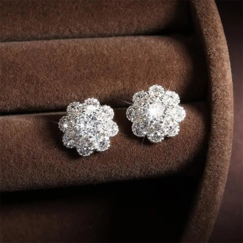 Cute Flower White Zircon Round Stone Earrings For Women Silver Color Engagement Wedding Party Jewelry Gift