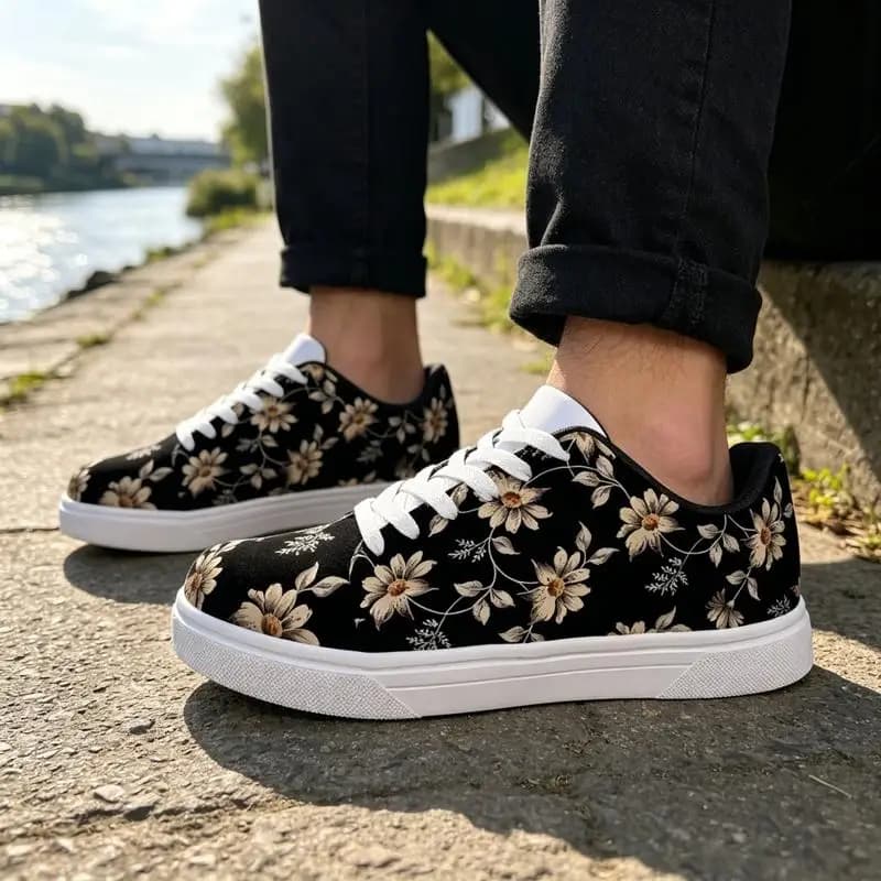 Ladies Men's Road Running Shoes，White sneakers with floral print，Elegant symmetrical design，Suitable for sports and daily wear，S
