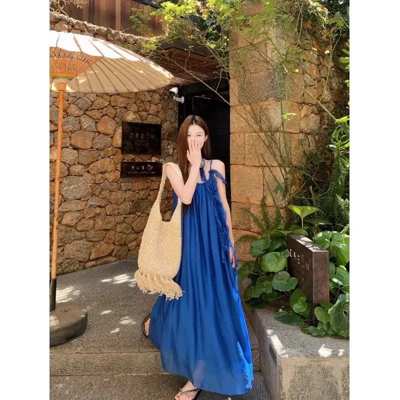 Klein Blue Summer Dress Women's Strap Long Skirt Travel Beach Holiday Outfit Comfortable Soft Material A-Line Silhouette
