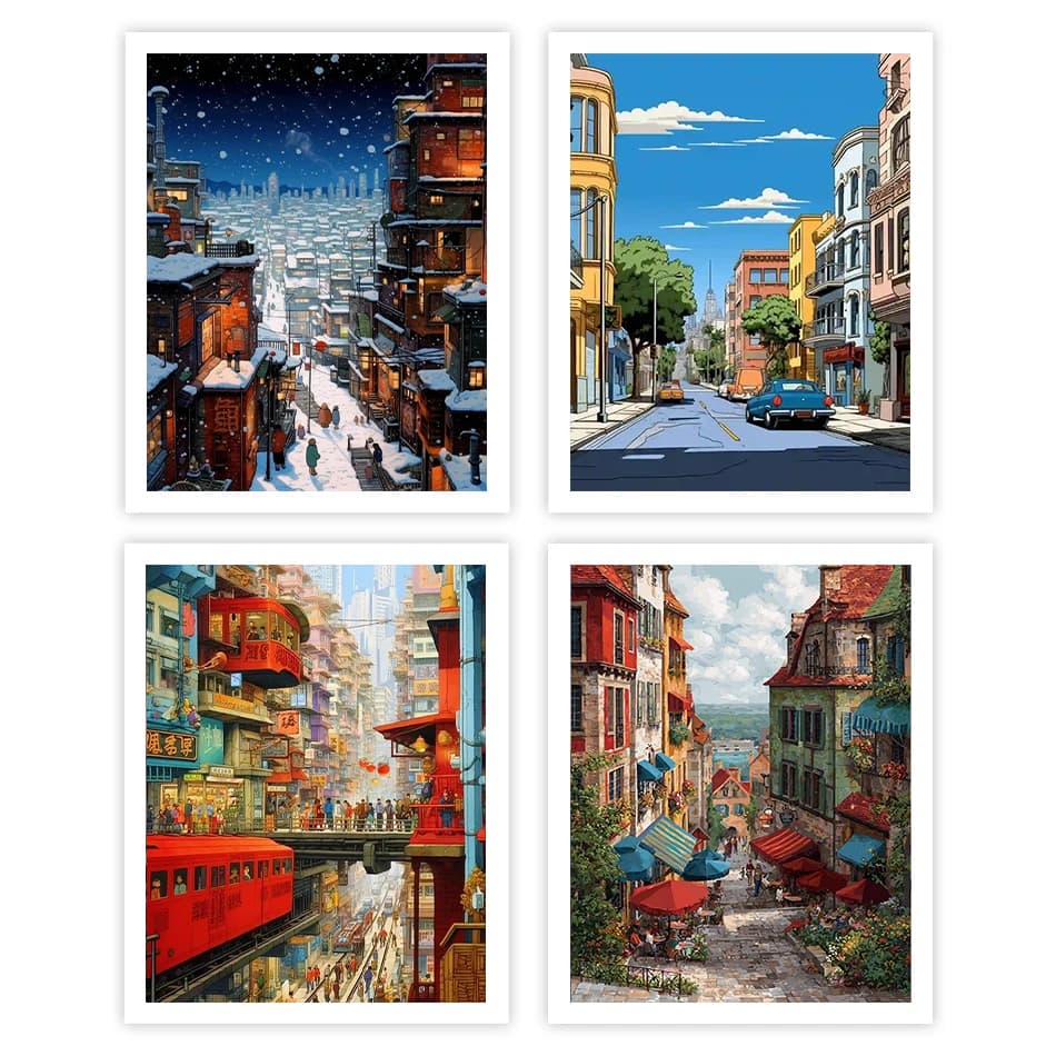 1pc frameless Painting By Numbers Acrylic Urban street scenery Paint Pictures By Numbers Watercolor Picture Drawing Decoration H