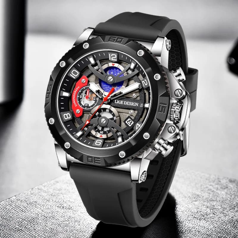 Orologio da uomo LIGE di lusso, sportivo, casual, con cinturino in silicone, cronografo, datario, luminoso, impermeabile, al quarzo.