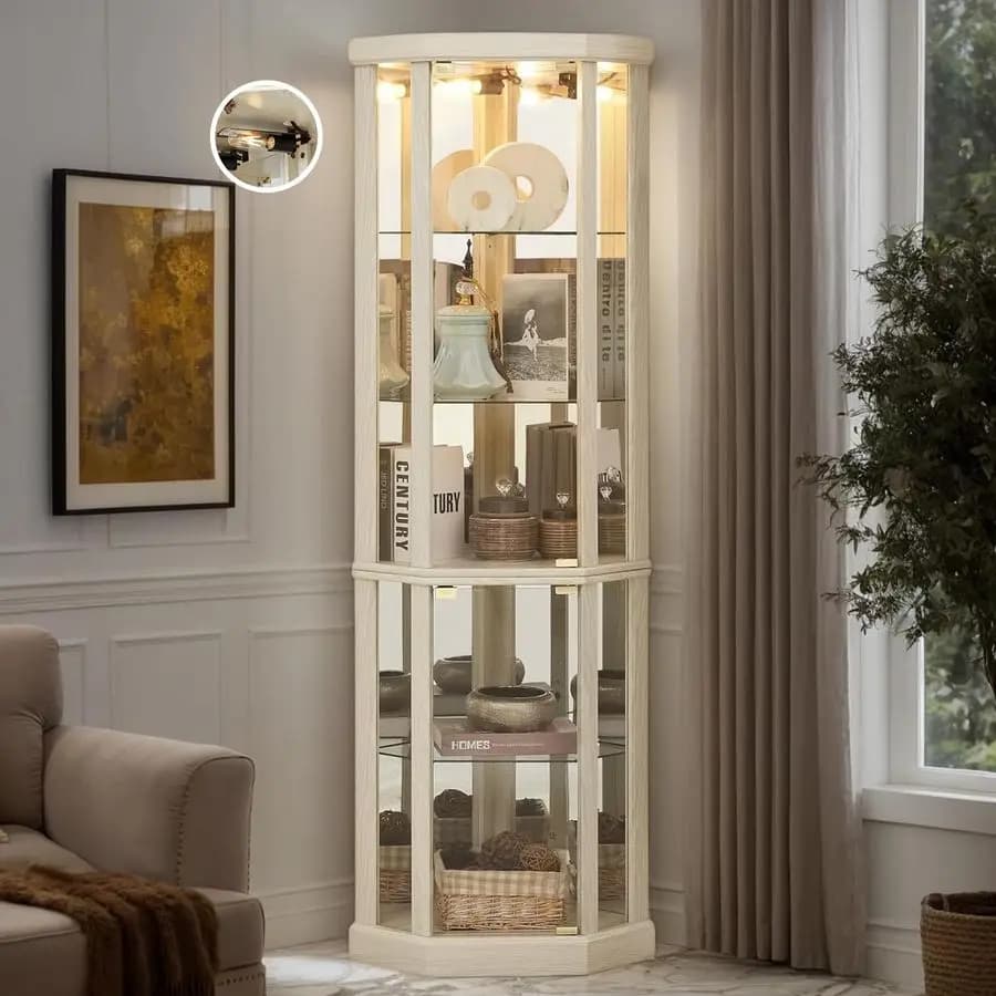 Vetrina Espositiva, 70 H, con Illuminazione, Porte in Vetro Temperato e 5 Ripiani Regolabili, Lampadine Incluse, per Vini