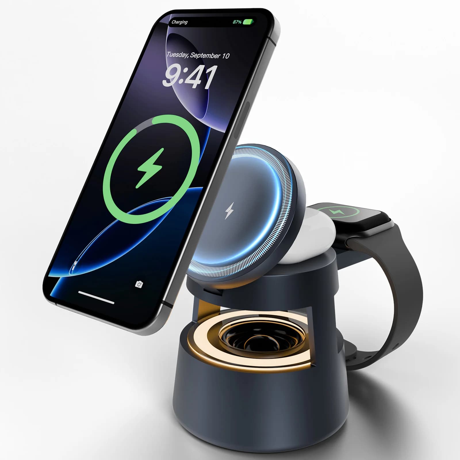 Caricabatterie wireless da 15 W 5 in 1 Ricarica rapida portatile Bluetooth Luce notturna da viaggio per IPhone 17 16 15 14 13 12 Apple Watch Airpods