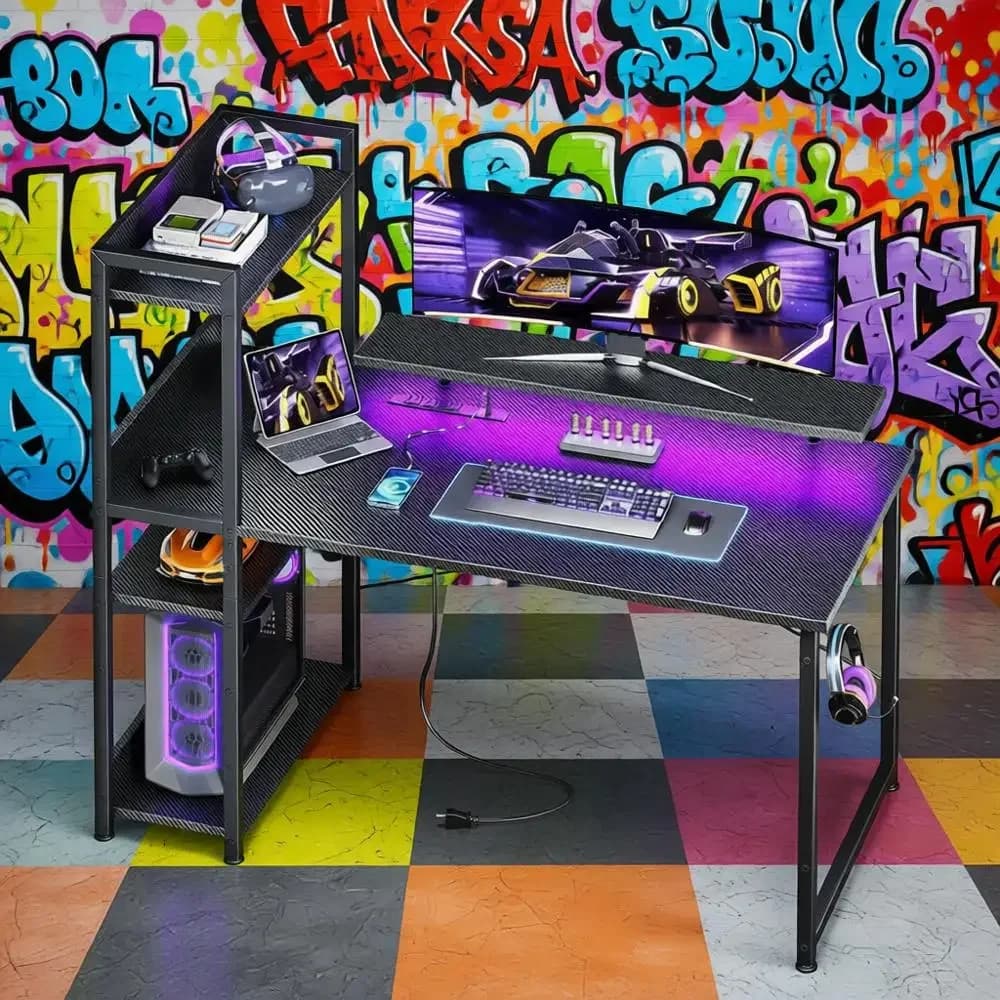 40 LED gaming desk with storage and monitor support, black carbon fiber compact desk for study or home office