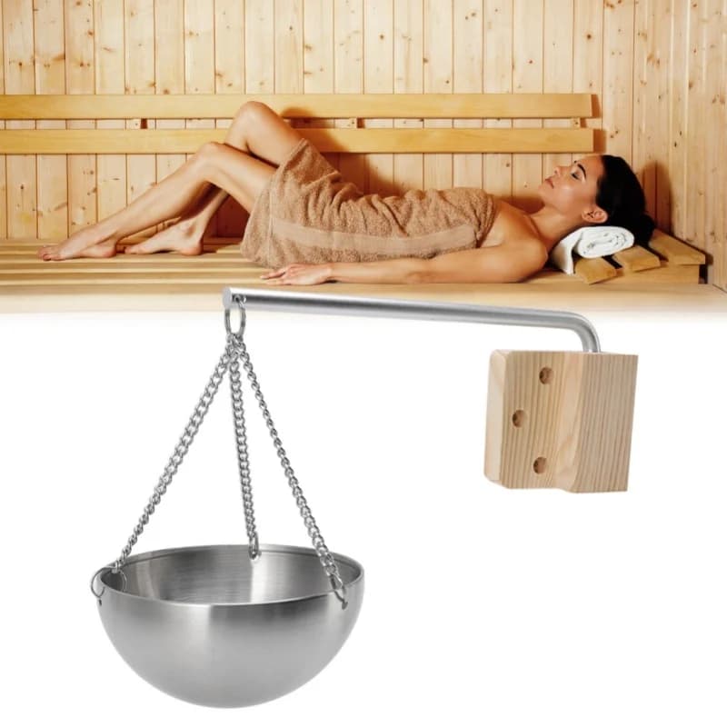 Ciotola per sauna C5 Ciotola per aromaterapia appesa a parete in acciaio inossidabile Tazza per olio con blocco di legno per sala sauna Ciotola per olio essenziale da 12 cm