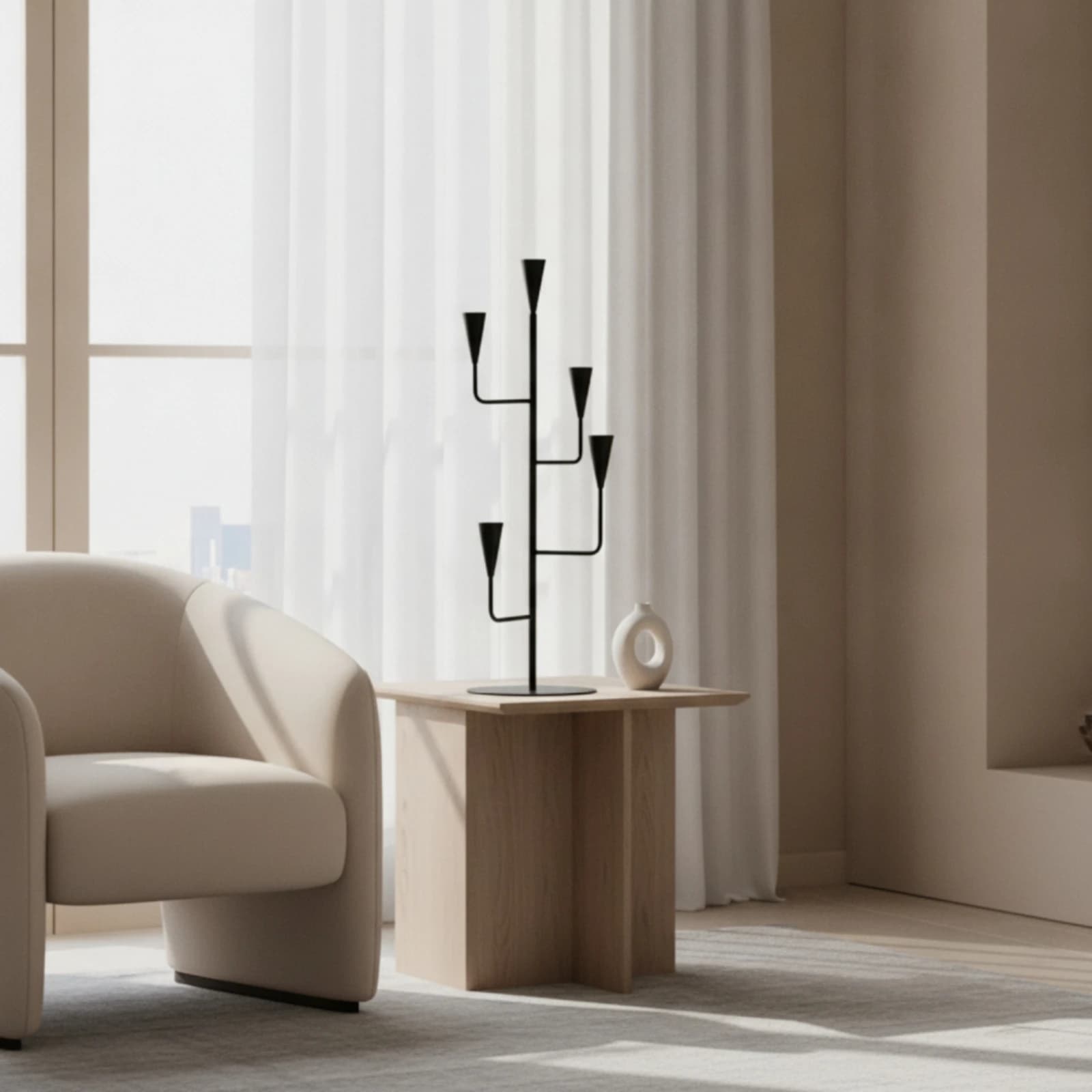 Branch Candlestick Holder Matte Black Five-Arm Candelabra Candle Holder with Five Cups Metal Sculptural for Dining Table, Mantel