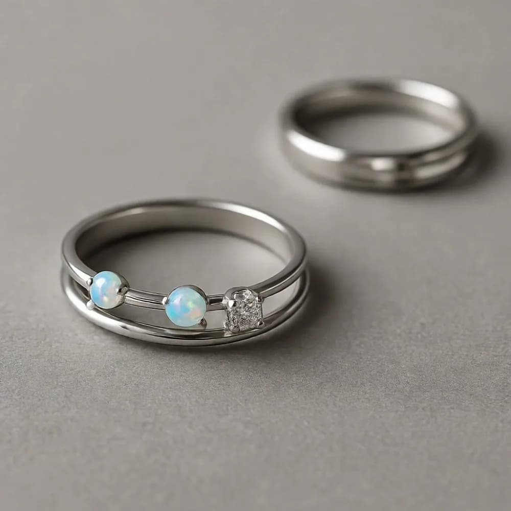 Anello Antistress in Oro 14K con Opale e Perline Girevoli in Argento 925, Regalo per Donne