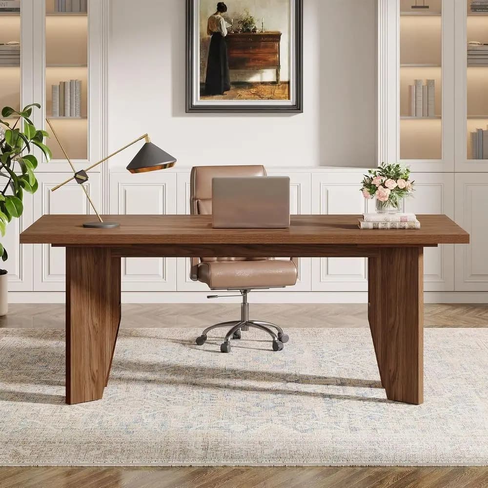 Grande Scrivania Direzionale in Legno 63, Gambe Robuste, Ideale per Casa o Ufficio, Marrone
