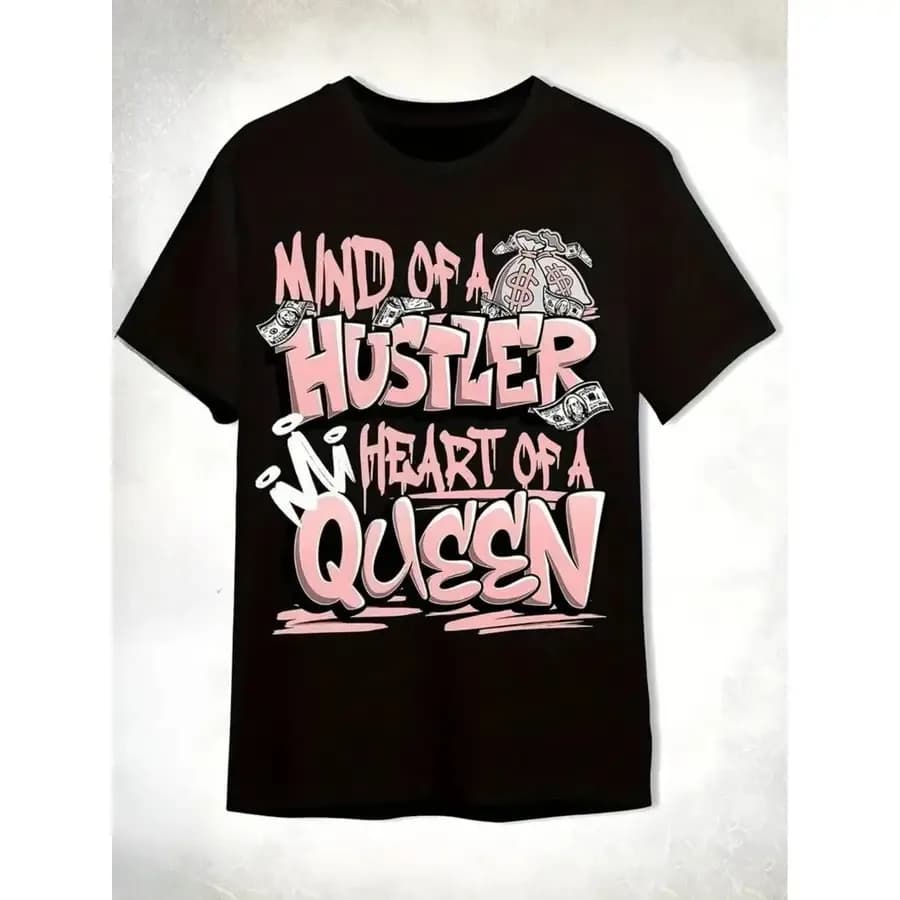 T-shirt unisex Hustler Heart Queen - Nero/Bianco/Rosa con slogan "Mind of a Hustler Queen" e design con simbolo del dollaro, morbida e traspirante.
