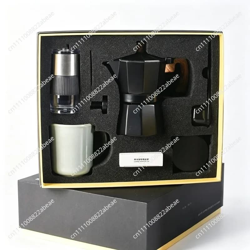 Hand Grinder Coffee Maker Set,Hand Grinder Set Gift Box,Moka Pot 6 Piece Set,with Cup,bean Bin,filter Paper and Bean Brush Spoon
