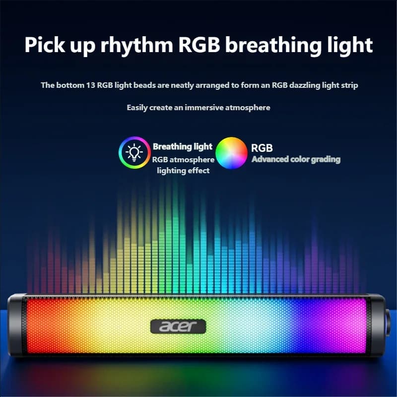 Soundbar Acer RGB with Subwoofer, Speaker Surround 3D for Home, Speaker Stereo USB Bluetooth Dual Mode for PC, Music and Gaming, Speaker Cablato