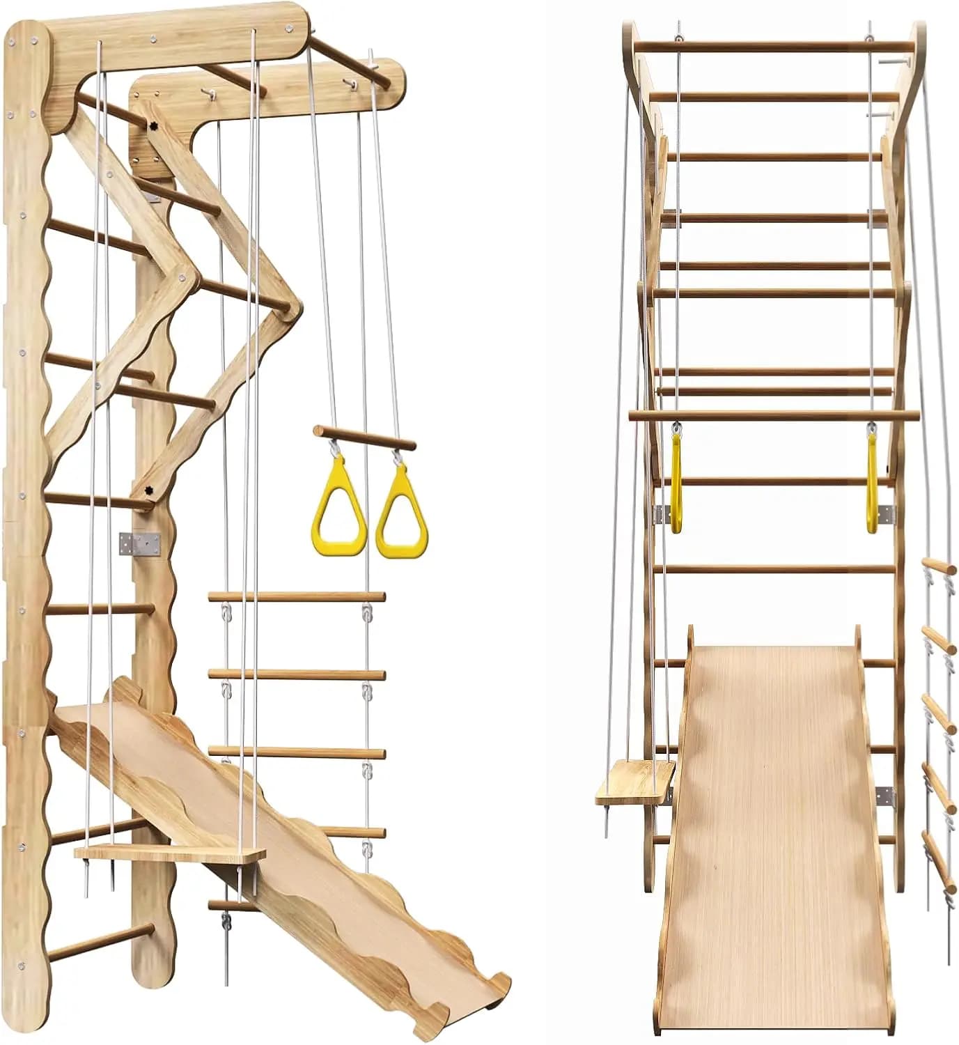 Parco Giochi Interno 5-in-1 con Scala Svedese, Altalena, Barra per Trazioni, Scala di Corda, Parete da Arrampicata, Scivolo e Anelli Ginnici