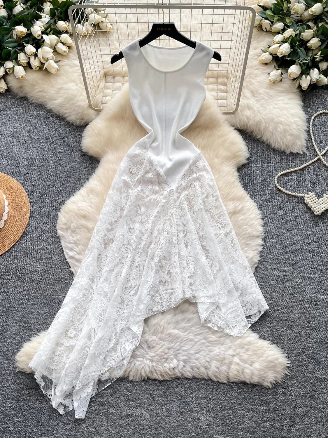 Pure Desire Unique Design Irregular Mesh Splice Sleeveless Women's Dress Slimming High Waist Vest Style Summer City Commute