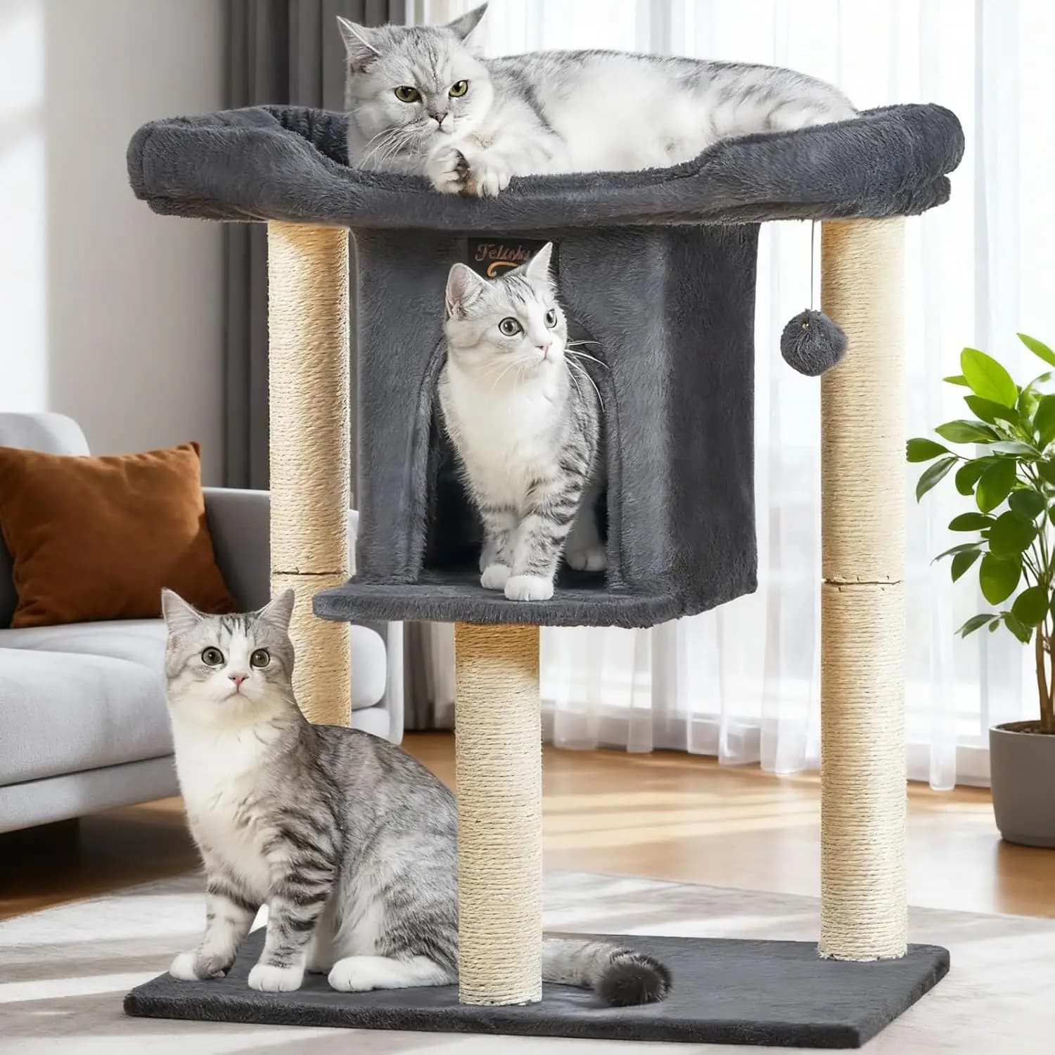 Torre Tiragraffi Grigio Scuro con Postazione di Gioco, Cuccia, Caverna e Palline Giocattolo per Gatti da Interno
