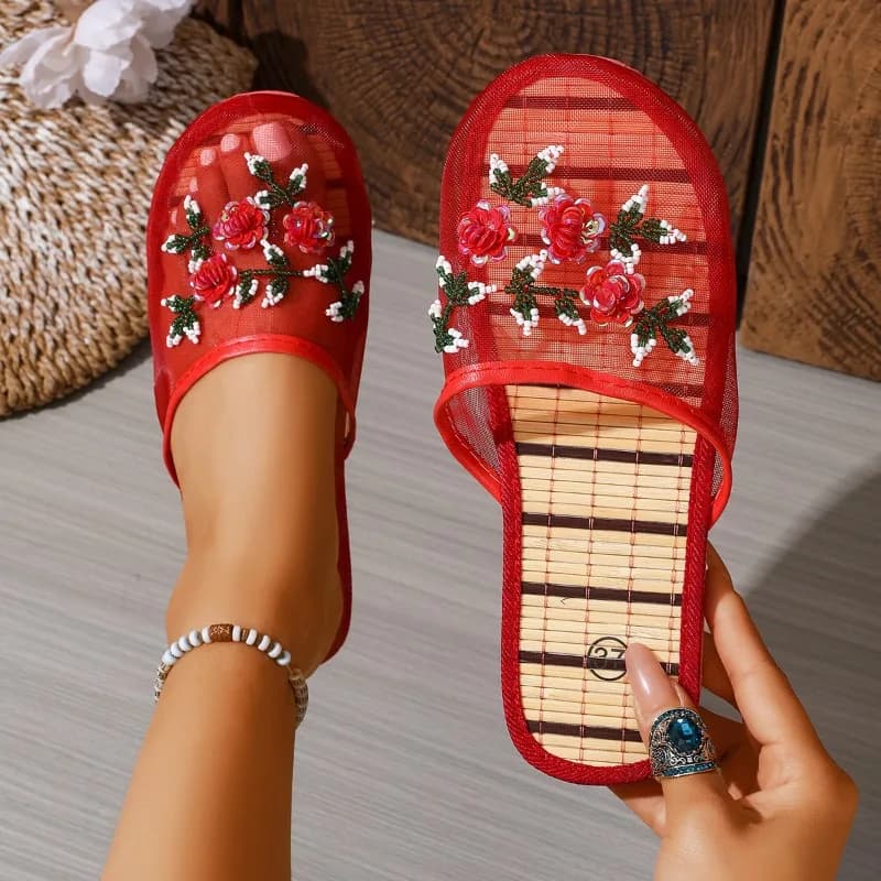 Women Slippers 2026 Mesh Breathable Shoes for Female Summer New Fashion Closed Toe Embroider Flower Solid Soft Bottom Sandals