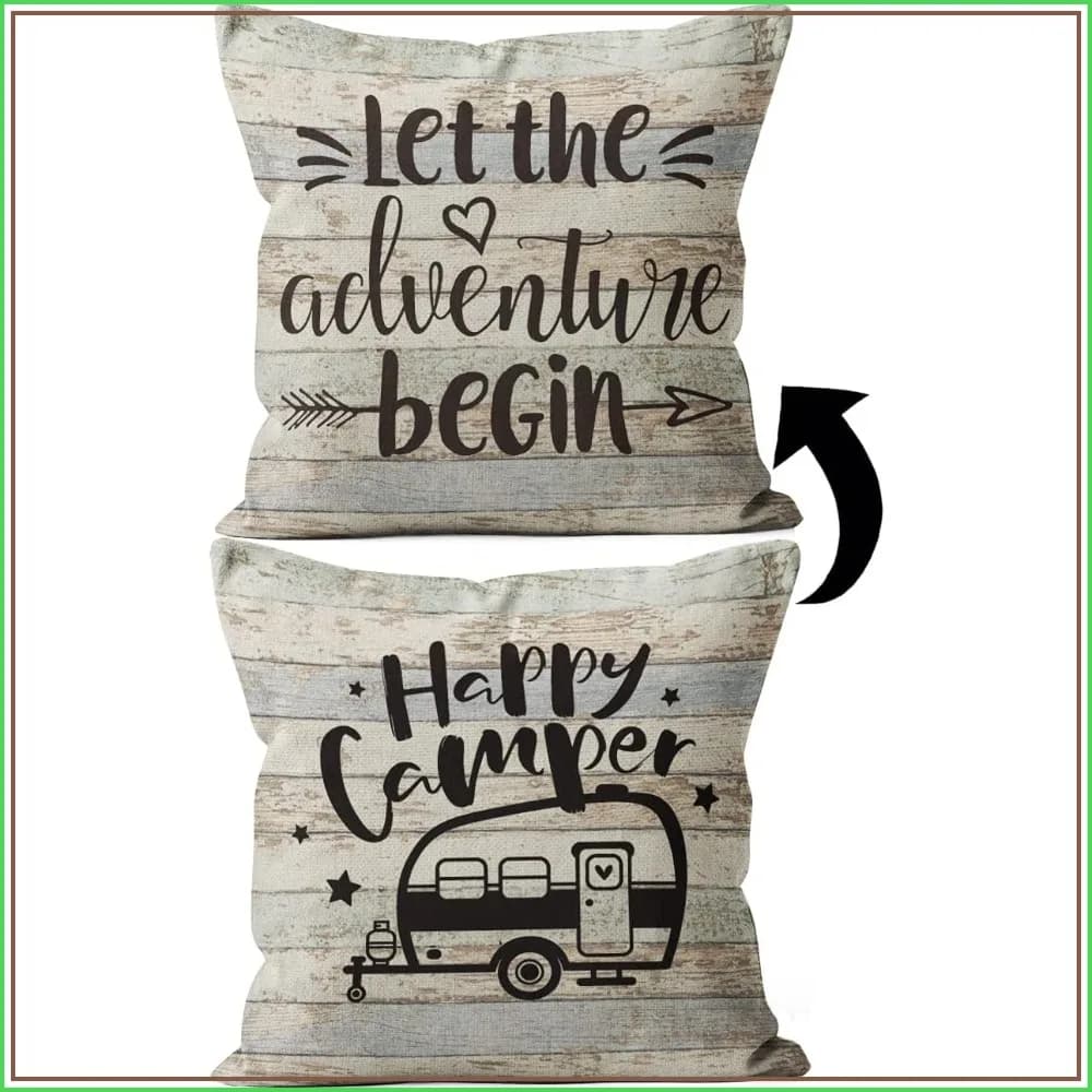 Two-Sided Linen Pillow Cover 18x18, Happy Camper Decor for RV & Home, Hidden Zipper