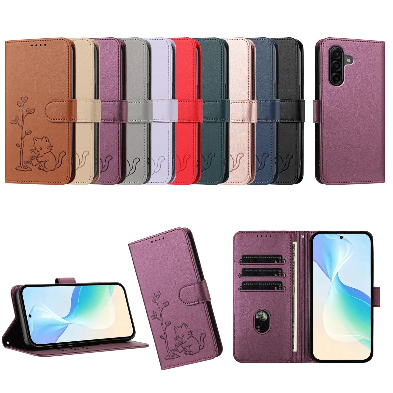 Flip Wallet Leather Case on for Samsung Galaxy A57 A37 A27 A17 A07 A56 A36 A26 A16 A06 Cases Cartoon Tree Cat Phone Back Cover