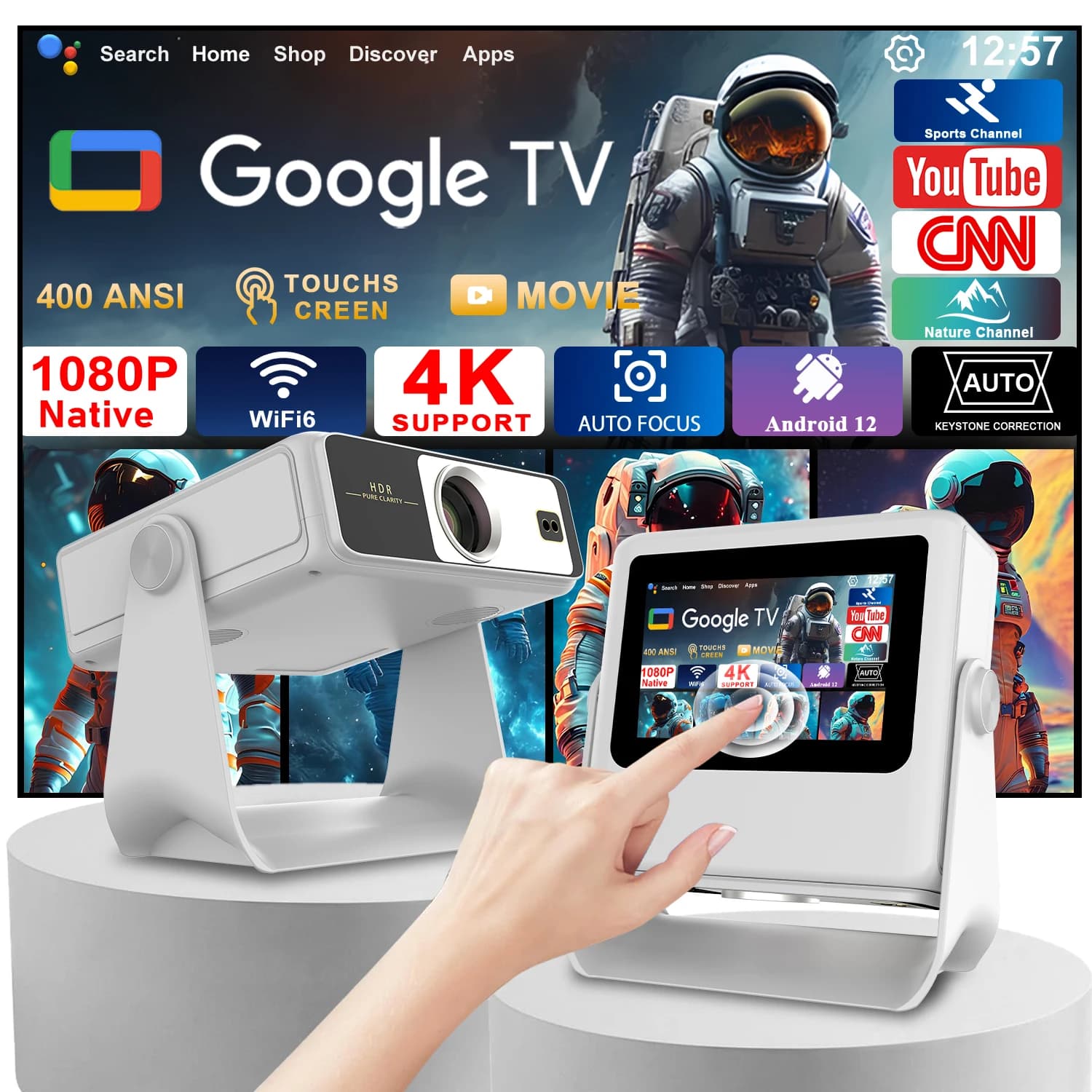 3-in-1 Smart Projector Tablet Speaker 7" 1080P 4K Auto Focus 180° Rotate Android 12 HDMI USB WiFi BT Gift Box