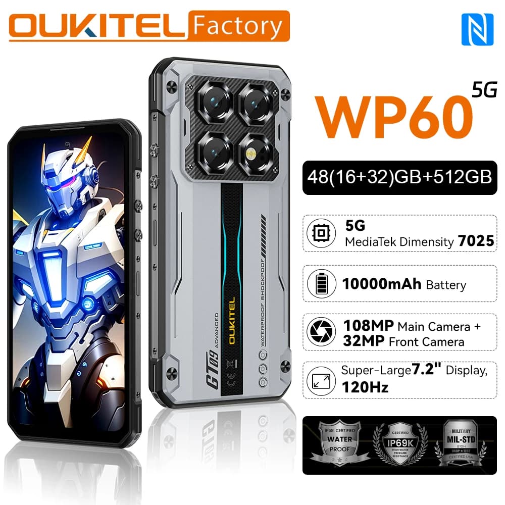 Global version OUKITEL WP60 5G Rugged Phone 7.2” HD+ 120Hz Display MTK 7025 48GB(16+32)+512GB 10000mAh Smartphone Android 15 NFC
