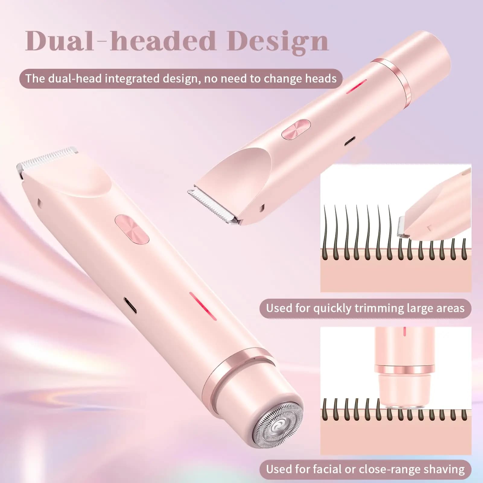 Electric Razor for Women, Waterproof, for Bagnate and Dry Use, 2 in 1 with Double Head, Trimmer for Bikini Zone with Stackable Head