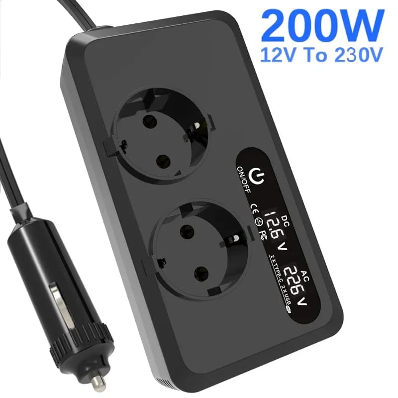 Inverter Auto 200W da 12V a 230V per Prese EU, Adattatore con Presa Accendisigari, Porta USB-C, Convertitore per Veicoli con Ricarica Rapida