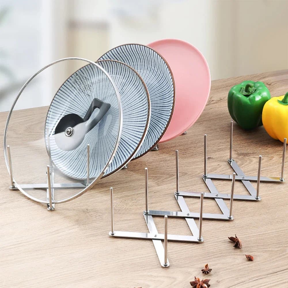Porta Coperchi per Pentole, Organizzatore per Coperchi, Ripiano Retrattile Pieghevole in Acciaio Inox, Porta Piatti, Organizzatore per Stoviglie, Accessori da Cucina