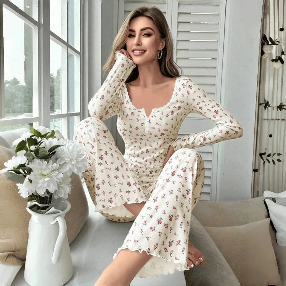 Set Pigiama Floreale Sexy da Donna, Morbido e Confortevole, con Top a Maniche Lunghe e Pantaloni, Abbigliamento da Notte in Due Pezzi
