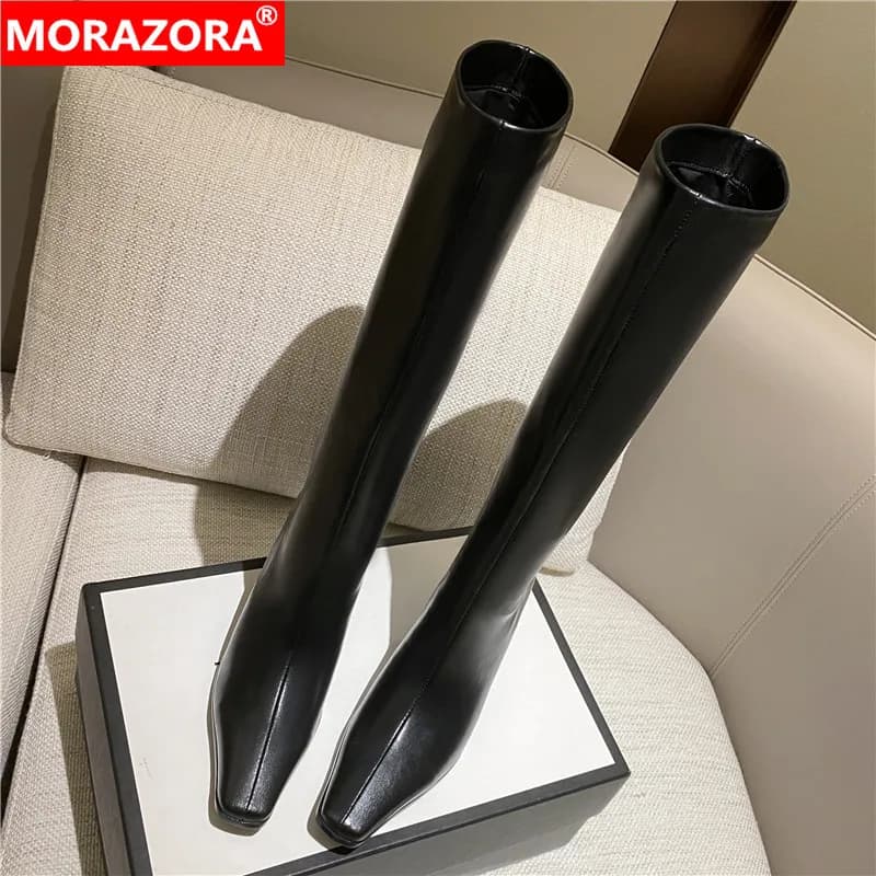MORAZORA Size 34-43 Genuine Leather Knee High Boots Women High Heels Boots Square Toe Ladies Winter Modern Boots Black Brown