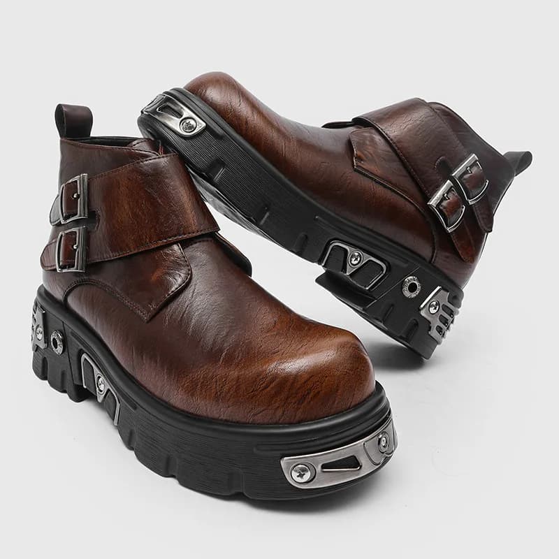 stivali con plateau punk goth moda uomo di grandi dimensioni scarpe firmate marrone argento stivali con plateau da cowboy doppia fibbia alla caviglia botas maschili