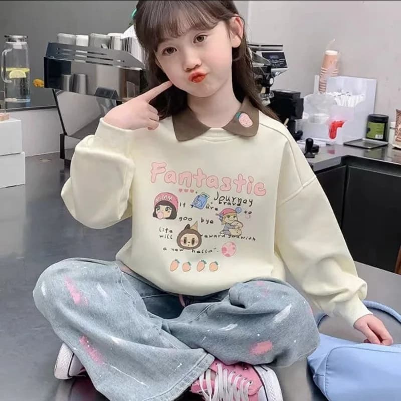 Felpa girocollo da ragazza 2025 primavera/autunno nuova felpa girocollo foderata in pile bambola stampa cartone animato elegante top affare